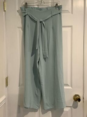 Light Aqua Wide Leg Paper Bag Waist Lightweight Belted Coastal Grandma Pants L